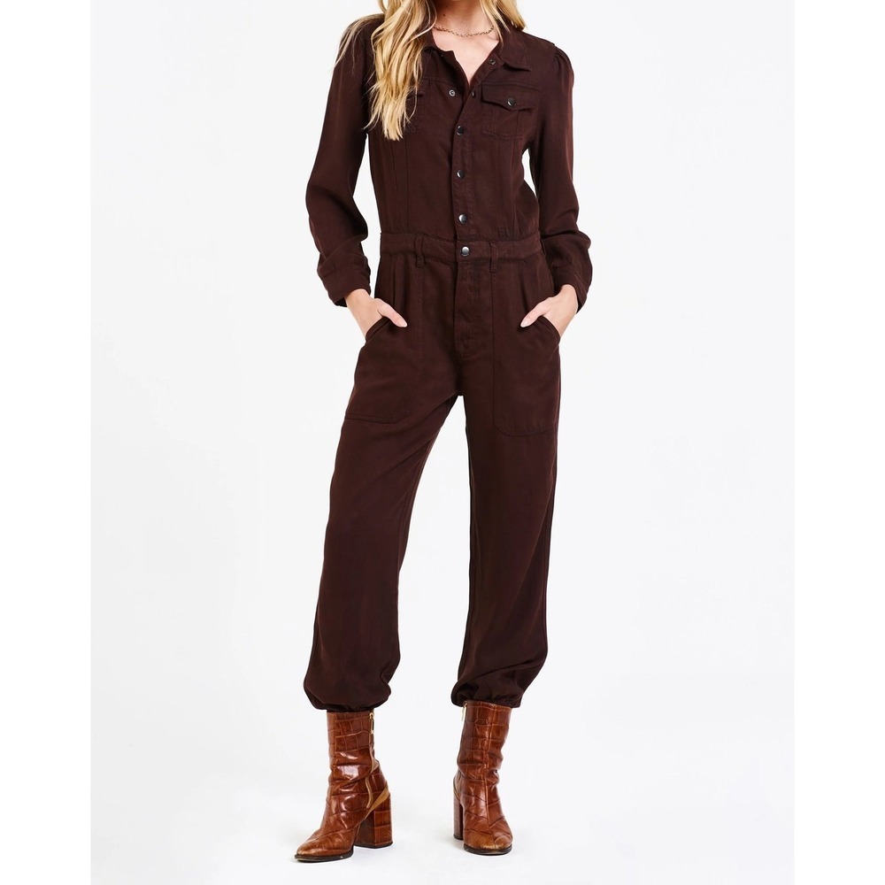 Dear John Womens Long Sleeve Utility Jumpsuit Brown Twill Boiler Suit Size M